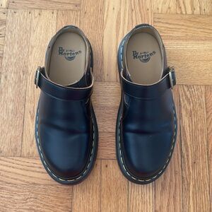 Dr. Martens Black Leather Clogs with Yellow Stitching